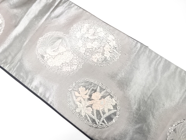 尾長鳥に花模様織り出し　袋帯